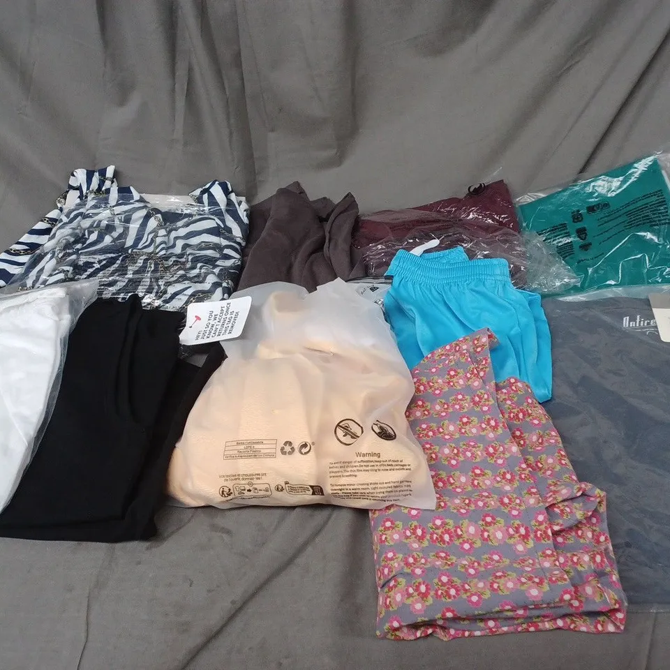BOX OF ASSORTED CLOTHING ITEMS IN VARIOUS COLOURS, SIZES AND STYLES