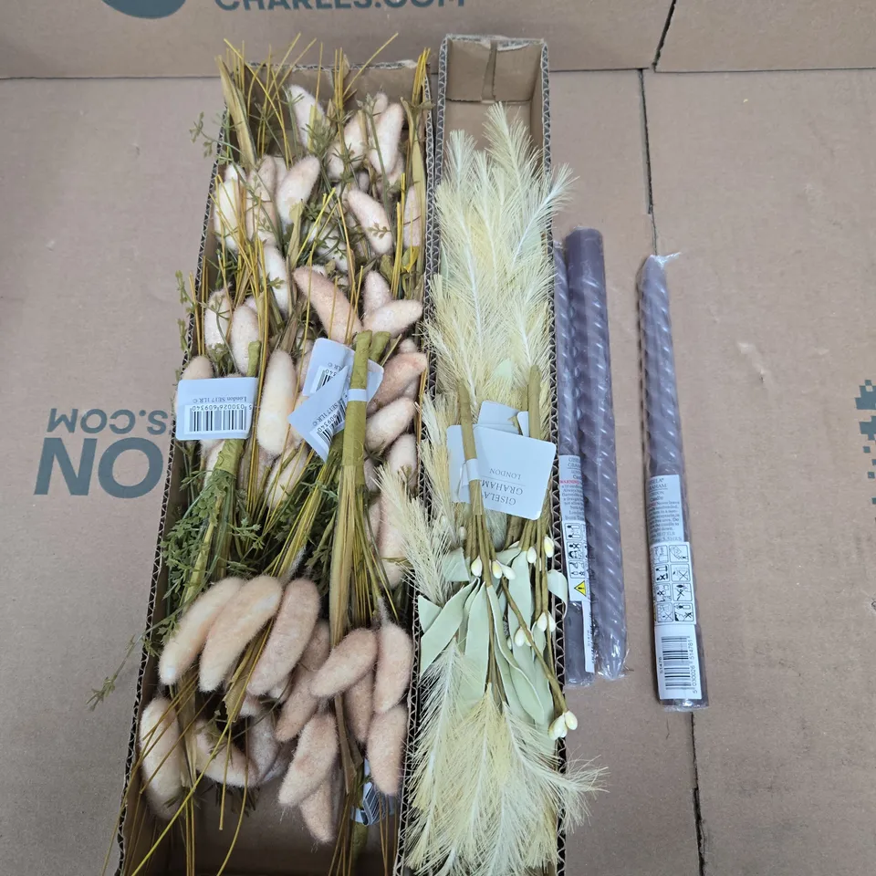 APPROXIMATELY 15 ASSORTED HOUSEHOLD PRODUCTS TO INCLUDE FAUX FLOWER DECOR & CANDLES 