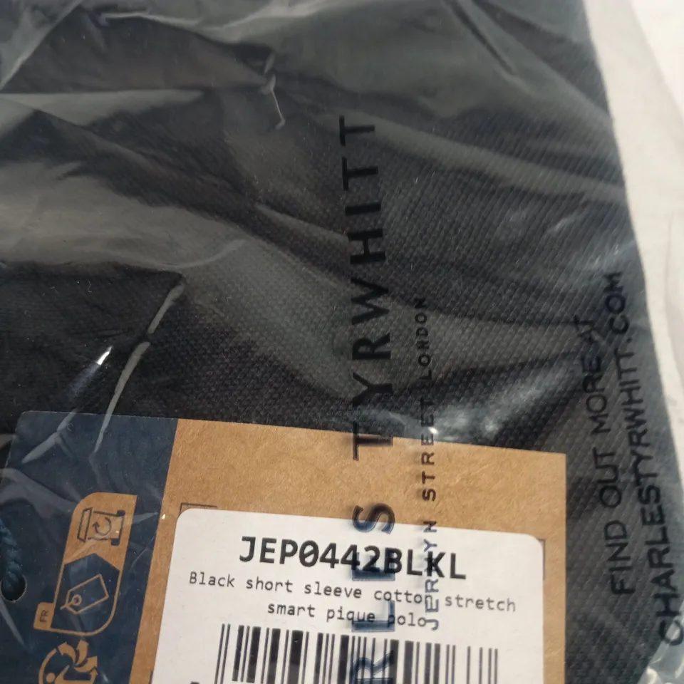 CHARLES TYRWHITT BLACK SHORT SLEEVE COTTON-STRETCH PIQUÉ POLO SHIRT – UK L (LARGE)