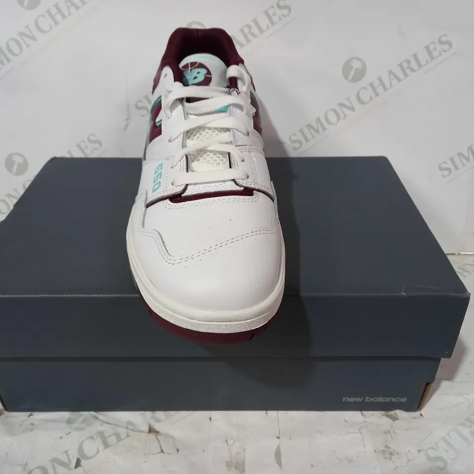 BOXED PAIR OF NEW BALANCE 550 TRAINERS IN WHITE/BURGUNDY/CYAN UK SIZE 9.5