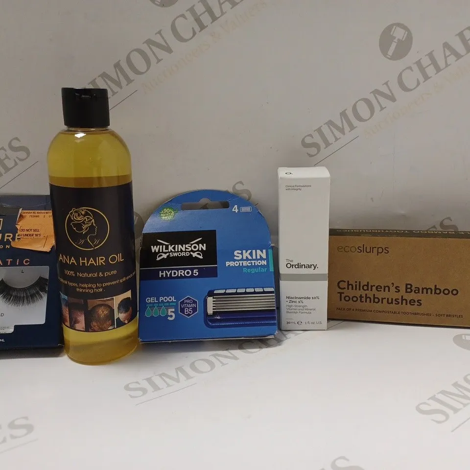 BOX OF APPROX 20 ASSORTED HEALTH AND BEAUTY ITEMS TO INCLUDE - ANA HAIR OIL - WILKINSON SWORD HYDRO 5 - EYLURE LONDON DRAMATIC EYELASHES ECT