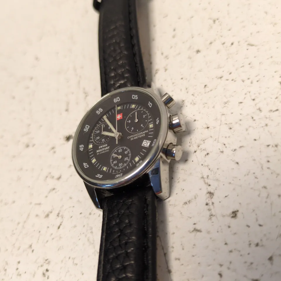 SWISS MILITARY CHRONOGRAPH WATCH – STAINLESS STEEL CASE, BLACK DIAL, LEATHER STRAP, DATE WINDOW