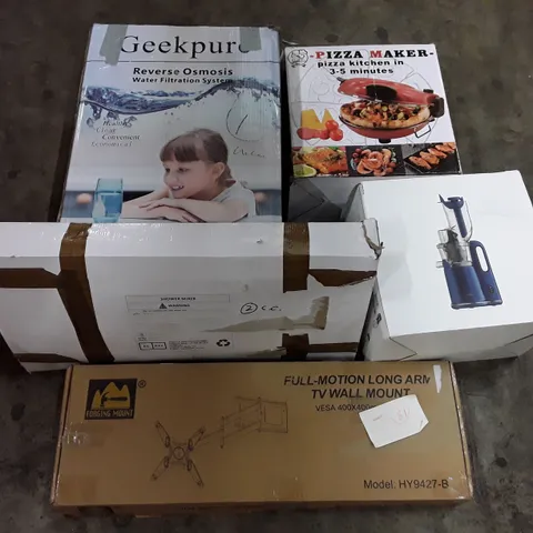 PALLET OF ASSORTED PRODUCTS INCLUDING PIZZA MAKER, FULL-MOTION LONG ARM TV WALL MOUNT, SHOWER MIXER, REVERSE OSMOSIS WATER FILTRATION SYSTEM, SLOW JUICER