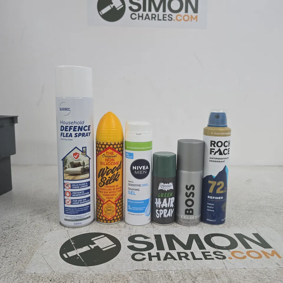 APPROXIMATELY 25 ASSORTED ITEMS INCLUDING ROCK FACE ANTIPERSPIRANT DEODORANT, BOSS DEODORANT SPRAY AND SPOOKY MAKE UP GREEN HAIR SPARY