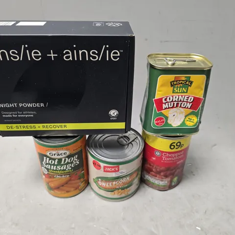 APPROXIMATELY 7 ASSORTED FOOD & DRINK ITEMS TO INCLUDE - CORNED MUTTON , HOT DOGS , CHOPPED TOMATOES ETC