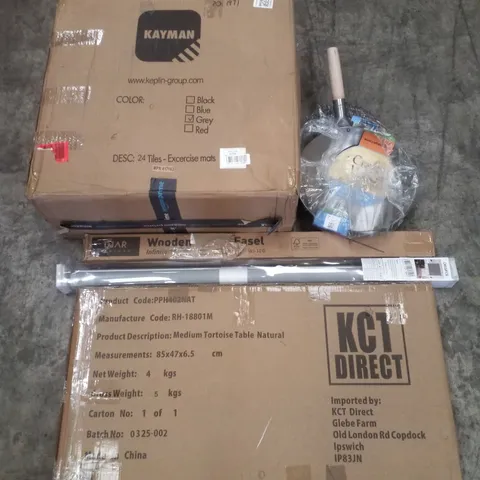 PALLET CONTAINING ASSORTED PRODUCTS INCLUDING WOK, WOODEN EASEL, ROLLER BLIND, 24 EXERCISE MATS & MEDIUM TORTOISE TABLE