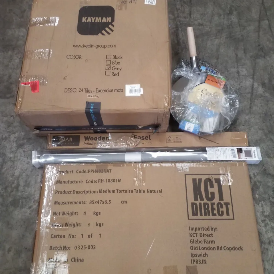 PALLET CONTAINING ASSORTED PRODUCTS INCLUDING WOK, WOODEN EASEL, ROLLER BLIND, 24 EXERCISE MATS & MEDIUM TORTOISE TABLE