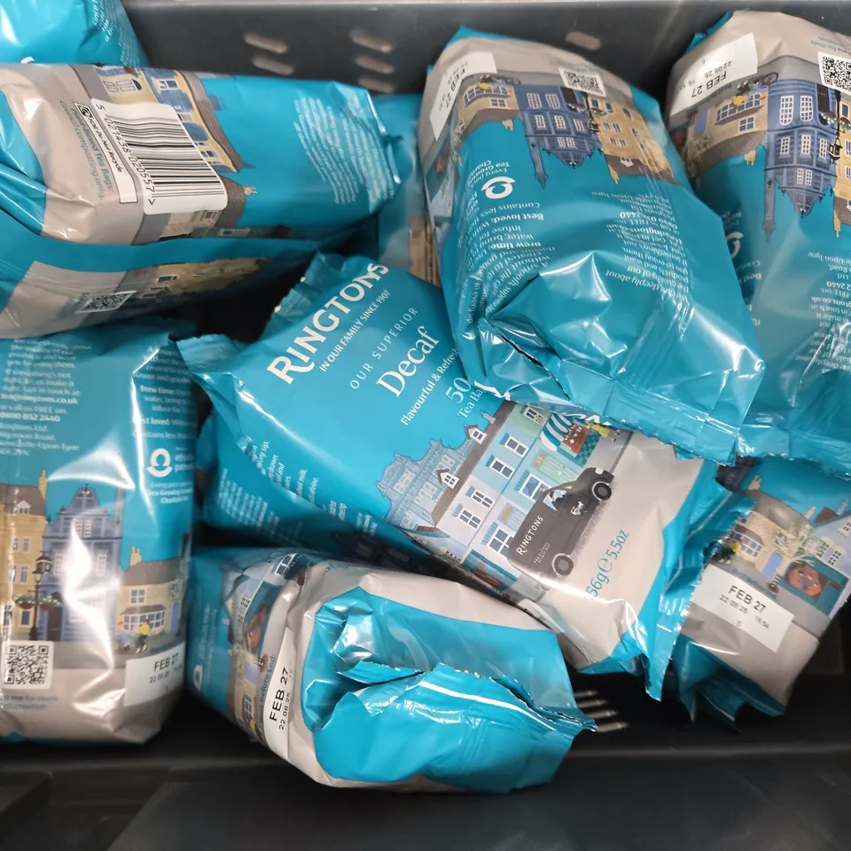 APPROXIMATELY 10 PACKS OF RINGTONS DECAF TEA BAGS (50 TEA BAGS PER PACK)