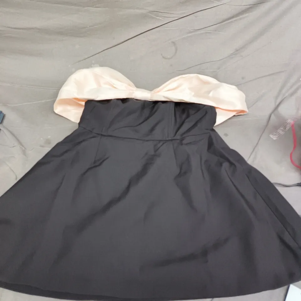 BOOHOO BLACK DRESS WITH PINK OVERSIZED BOW - BLACK WITH PINK INTERIOR, UK 14