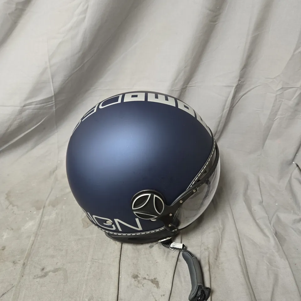 MOMO DESIGN BLUE OPEN-FACE MOTORCYCLE HELMET WITH WHITE LETTERING AND CLEAR VISOR