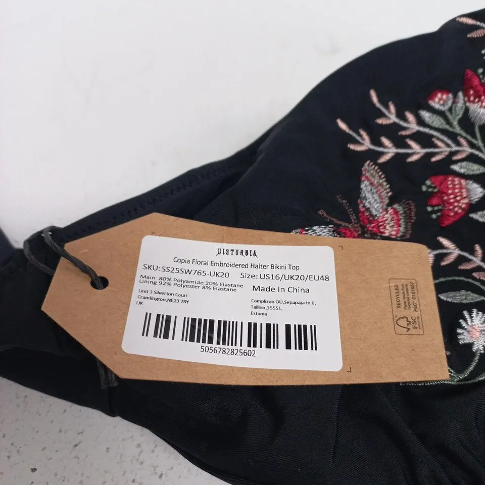 DISTURBIA COPIA FLORAL EMBROIDERED HALTER BIKINI TOP - UK 20