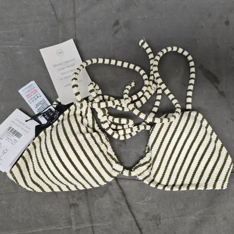 NOBODY'S CHILD STRIPE TRIANGLE BIKINI TOP IN CREAM/SAGE SIZE UK 10