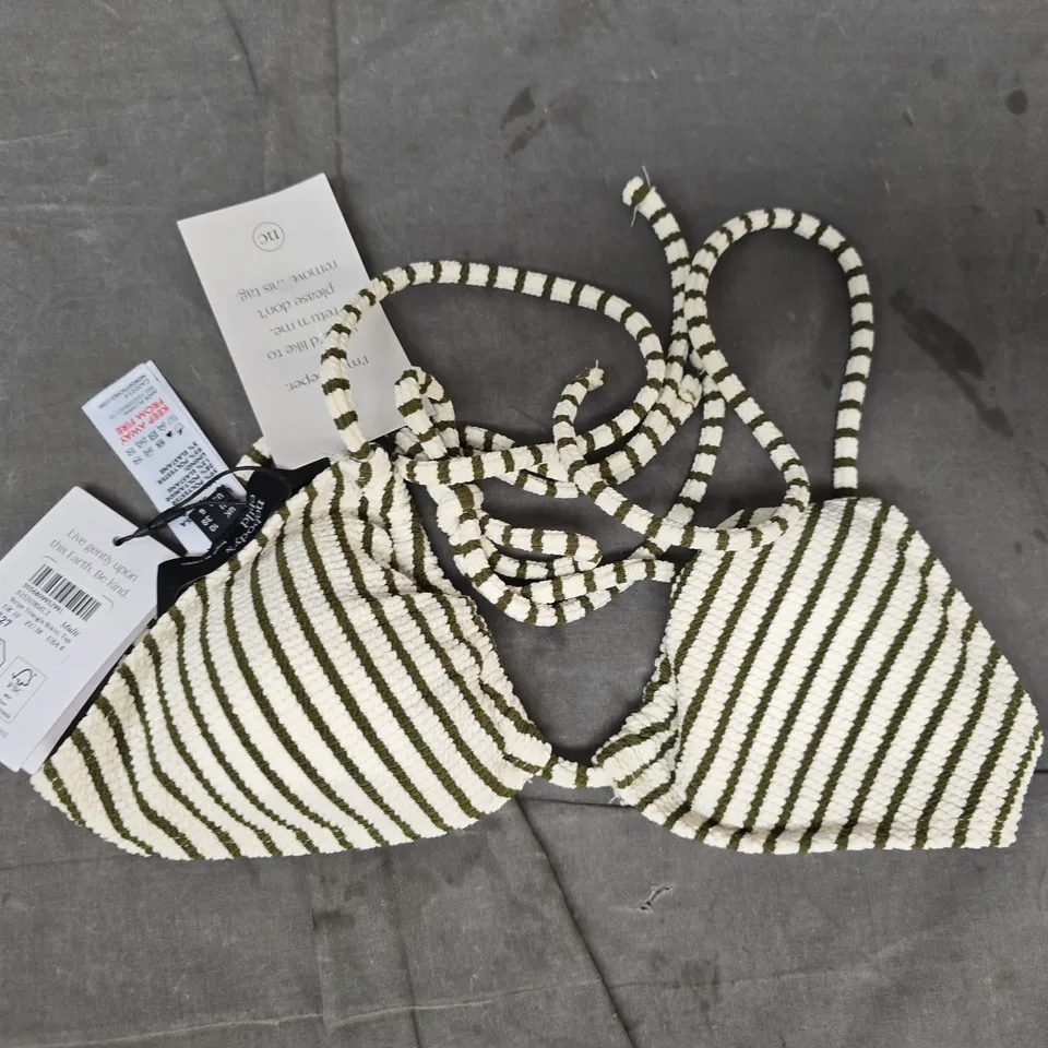 NOBODY'S CHILD STRIPE TRIANGLE BIKINI TOP IN CREAM/SAGE SIZE UK 10