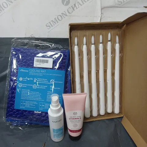 BOX OF APPROXIMATELY 20 ASSORTED HOUSEHOLD ITEMS TO INCLUDE LED CANDLES, COOLING MAT AND SKINCARE
