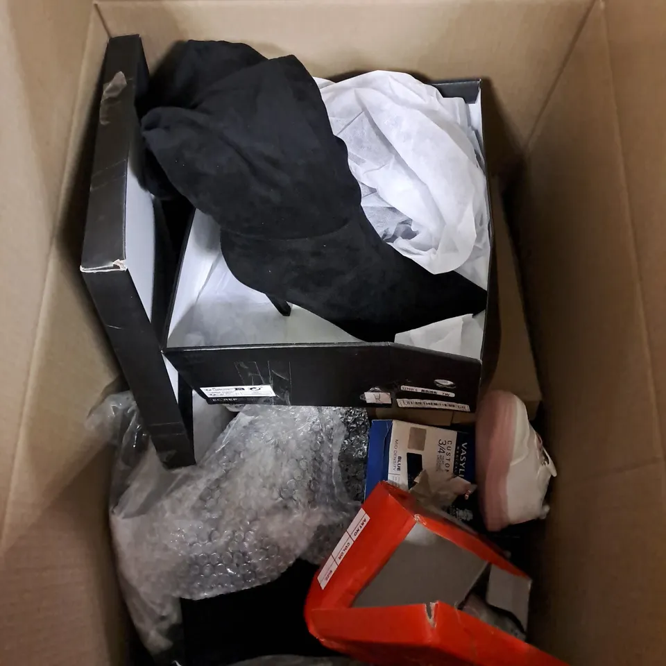 BOX OF APPROXIMATELY 10 PAIRS OF ASSORTED SHOES IN VARIOUS COLOUR, STYLES AND SIZES