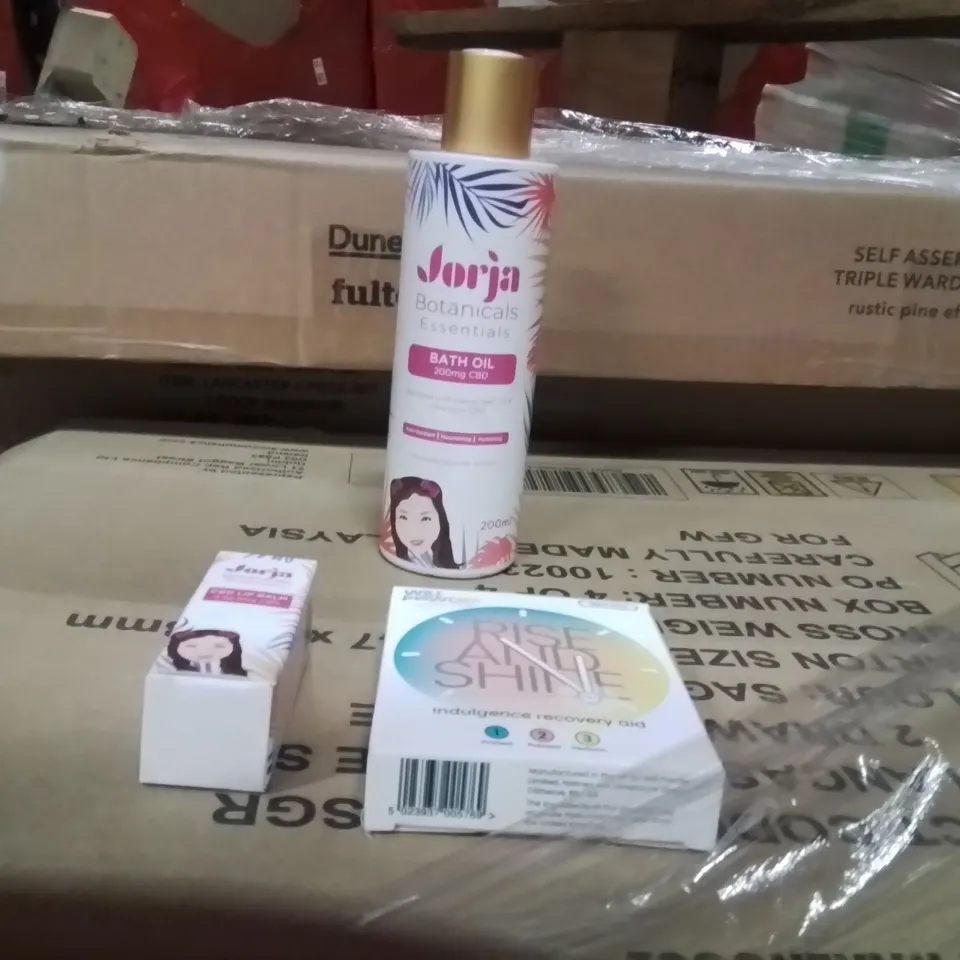 PALLET OF ASSORTED ITEMS TO INCLUDE;CBD BATH OIL EXPIRED,RECOVERY PACK,CBD LIP BALM