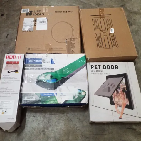 PALLET CONTAINING ASSORTED PRODUCTS INCLUDING PET DOOR, GOLF PUTTING MAT, ELECTRIC FLOOR HEATING SYSTEM, BATHROOM MIRROR & PILATES BOARD