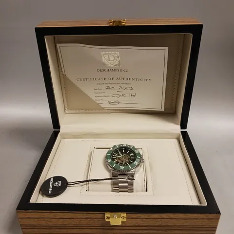 MENS DESCHAMPS & CO AUTOMATIC WATCH – SKELETON DIAL – CERAMIC BEZEL - STAINLESS STRAP