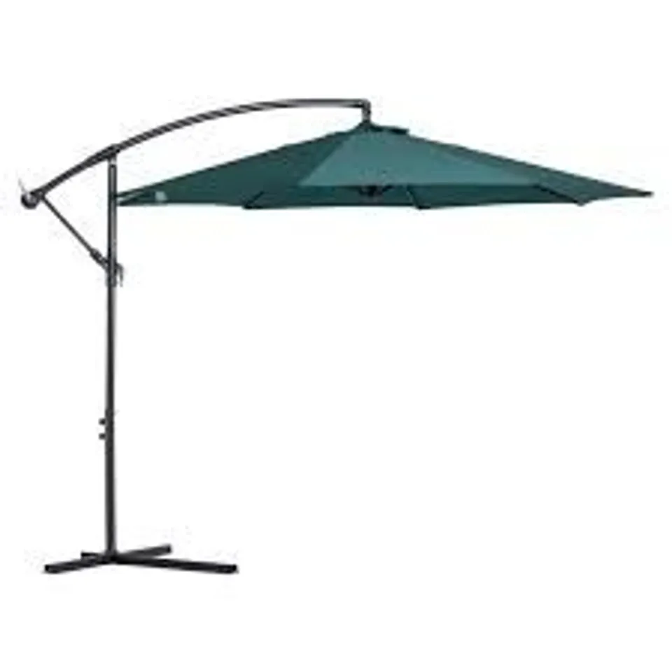 BOXED OUTSUNNY 3(M) BANANA PARASOL HANGING CANTILEVER UMBRELLA WITH CRANK HANDLE, 8 RIBS AND CROSS BASE FOR OUTDOOR, SUN SHADE, DARK GREEN