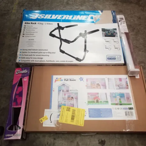 PALLET CONTAINING ASSORTED PRODUCTS INCLUDING BIKE RACK, ROLLER BLIND, LAVA LAMP & DOLL HOUSE