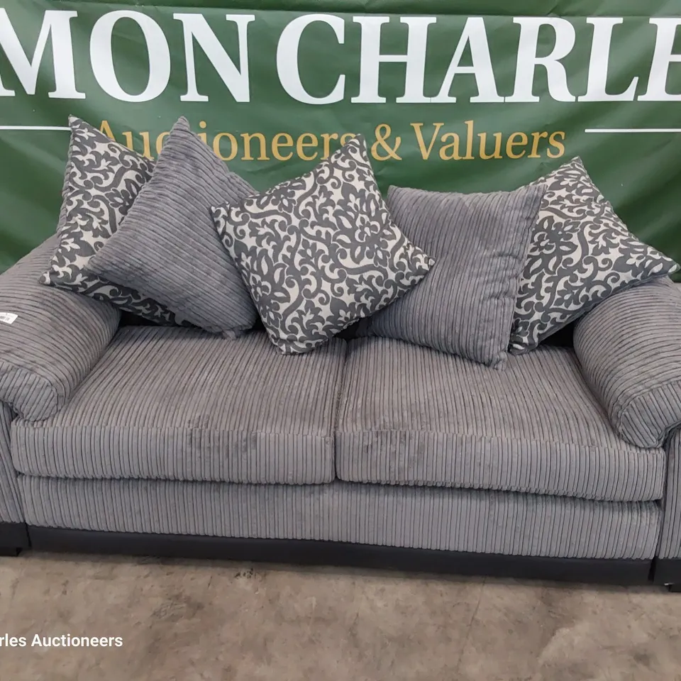 DESIGNER THREE SEATER SOFA WITH SCATTER CUSHIONS GREY JUMBO CHORD & BLACK FAUX LEATHER 