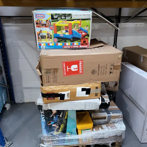 PALLET OF APPROXIMATELY 15 ASSORTED APPLIANCES, HOBBY AND LEISURE ITEMS TO INCLUDE LITTLE TIKES JUMP N' SLIDE BOUNCER, INTEX XPLORER K2 INFLATABLE KAYAK, GLOSS WHITE BATHROOM SINK CABINET, ETC
