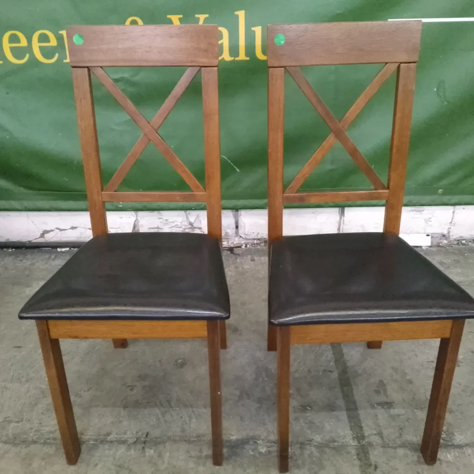 SET OF 2 NEW KENDAL DARK WOOD DINING CHAIRS (BLACK LEATHER SEAT PAD)