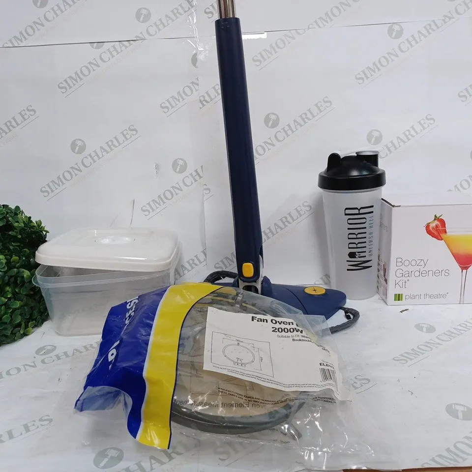BOX OF APPROX 20 ASSORTED ITEMS TO INCLUDE -FAN OVER ELEMENT 2000W - BOOZY GARDENS KIT - WARRIOR WATER BOTTLE ECT