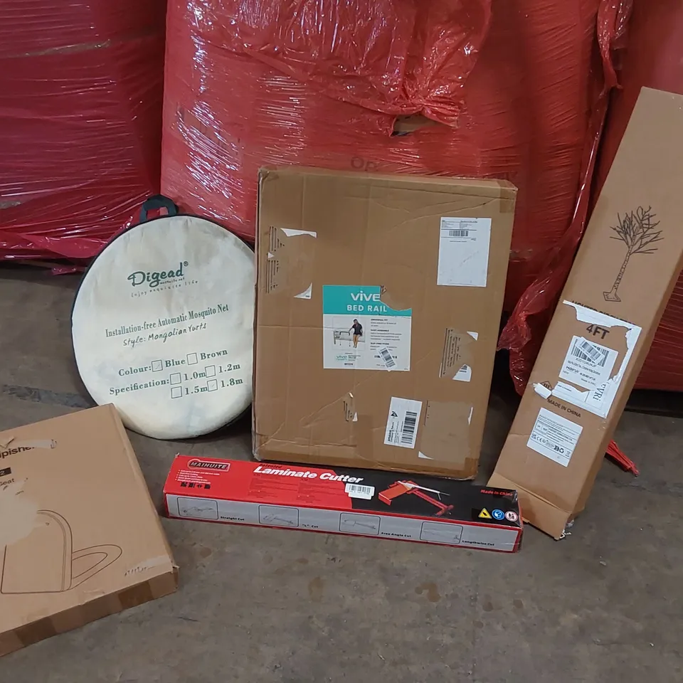 PALLET OF ASSORTED ITEMS INCLUDING: MAIHUITE LAMINATE CUTTER, BED RAIL, ARTIFICIAL BIRCH TREE, MOSQUITO NET, TOILET SEAT ECF