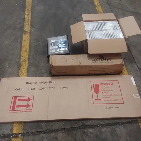 PALLET OF ASSORTED ITEMS INCLUDING: FULL LENGTH MIRROR, POP-UP TENT, SOFA COVER ECT