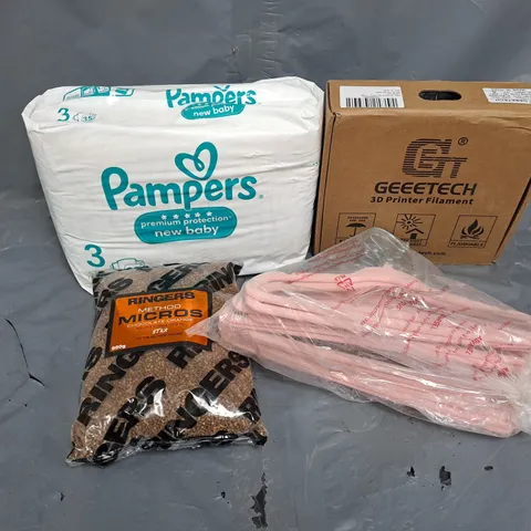 APPROXIMATELY 15 ASSORTED HOUSEHOLD ITEMS TO INCLUDE PAMPERS NEW BABY, GEEETECH PRINTING FILAMENT, CLOTHING HANGERS, ETC