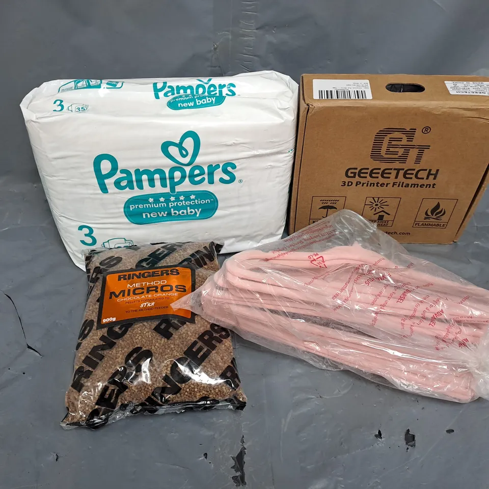 APPROXIMATELY 15 ASSORTED HOUSEHOLD ITEMS TO INCLUDE PAMPERS NEW BABY, GEEETECH PRINTING FILAMENT, CLOTHING HANGERS, ETC