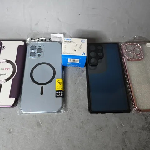APPROXIMATELY 10 ASSORTED ITEMS TO INCLUDE - PHONE CASES , OANG FAST CHARGER ETC
