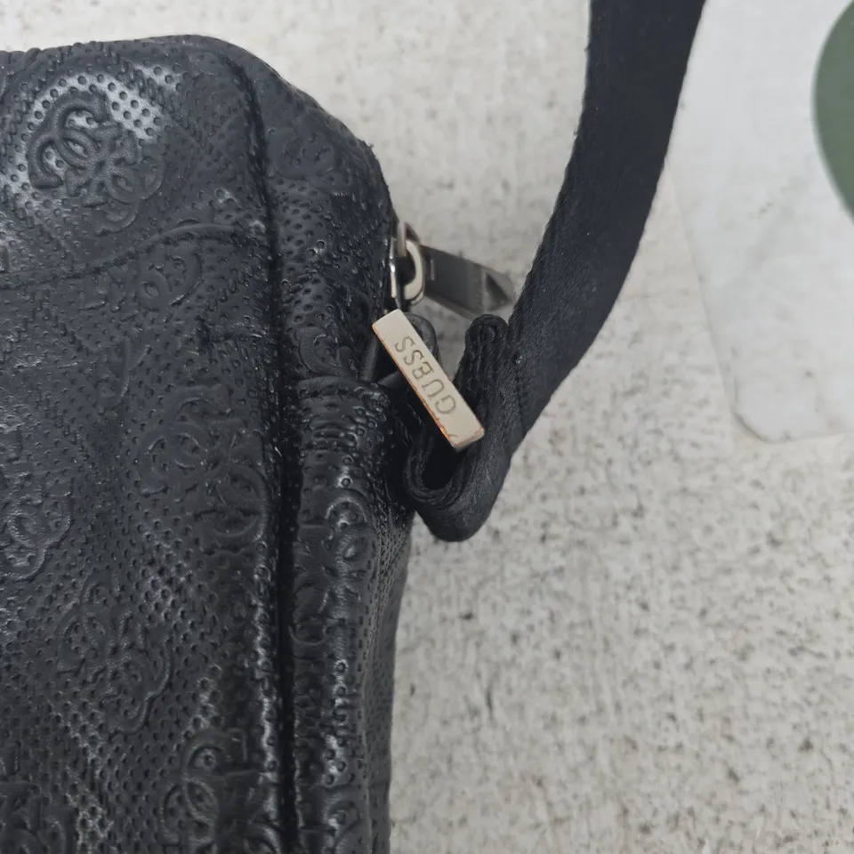 GUESS CROSSBODY BAG - BLACK EMBOSSED MONOGRAM PATTERN
