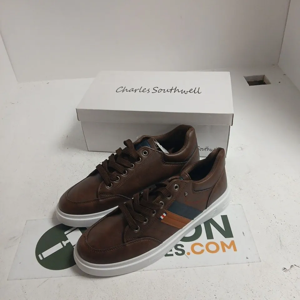 CHARLES SOUTHWELL EMILIO BROWN LEATHER SNEAKERS, UK 12 – BOXED 