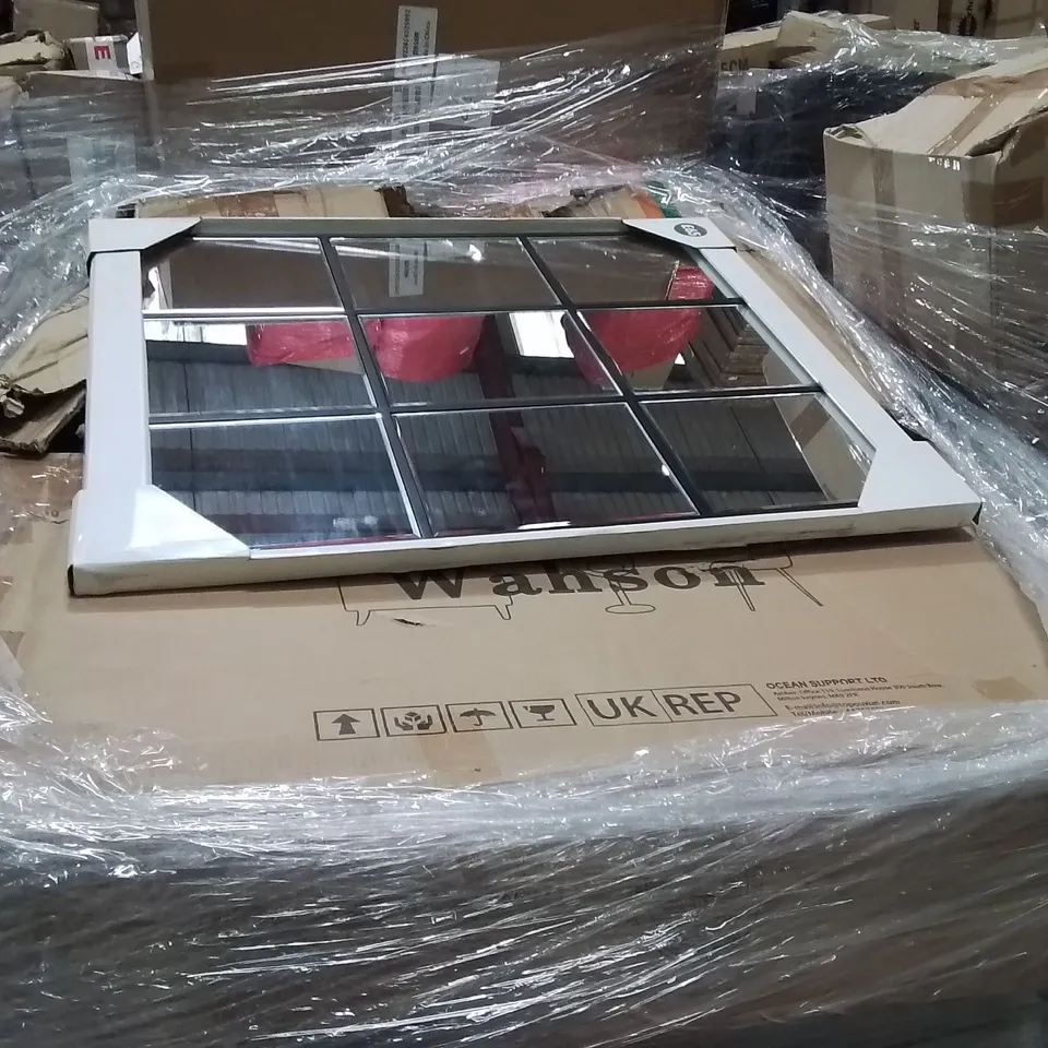 PALLET CONTAINING VARIOUS ASSORTED BOXED ITEMS TO INCLUDE. SIDE CHAIRS, WALL MIRROR AND LOTS MORE UNMARKED BOXED ITEMS 