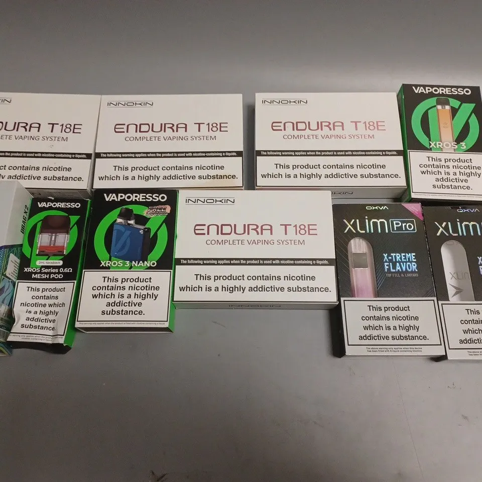 APPROXIMATELY 10 ASSORTED E-CIGARETTE PRODUCTS TO INCLUDE INNOKIN, VAPORESSO, VOOPOO ETC 