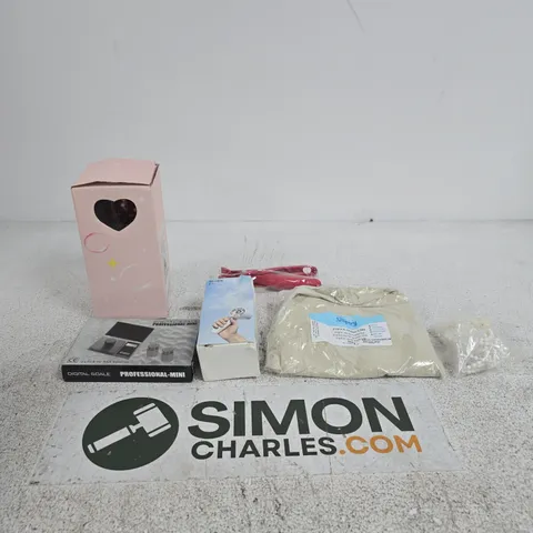 TOTE OF APPROXIMATELY 10 ASSORTED ITEMS INCLUDING FRENCH GREEN CLAY, A POCKET FAN AND DIGITAL SCALES