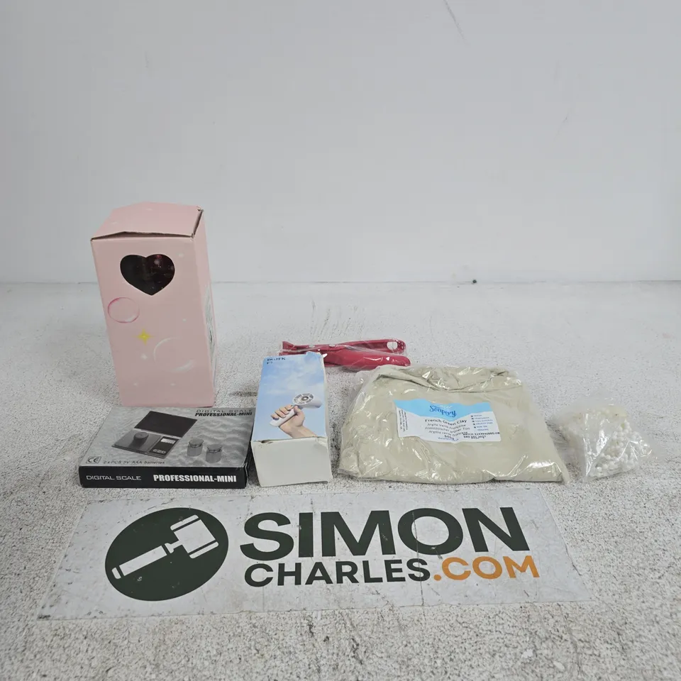 TOTE OF APPROXIMATELY 10 ASSORTED ITEMS INCLUDING FRENCH GREEN CLAY, A POCKET FAN AND DIGITAL SCALES