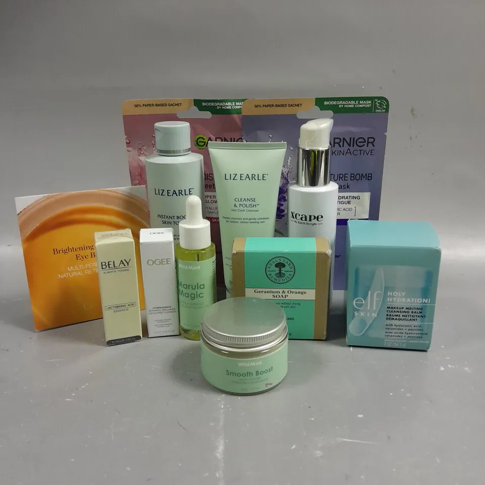 BOX OF APPROX 10 ASSORTED HEALTH AND BEAUTY PRODUCTS TO INCLUDE LIZ EARLE INSTANT BOOST SKIN TONIC (200ML), NEALS YARD GERANIUM & ORANGE SOAP BAR (100G), ELF HOLY HYDRATION CLEANSING BALM (56.5G), ETC