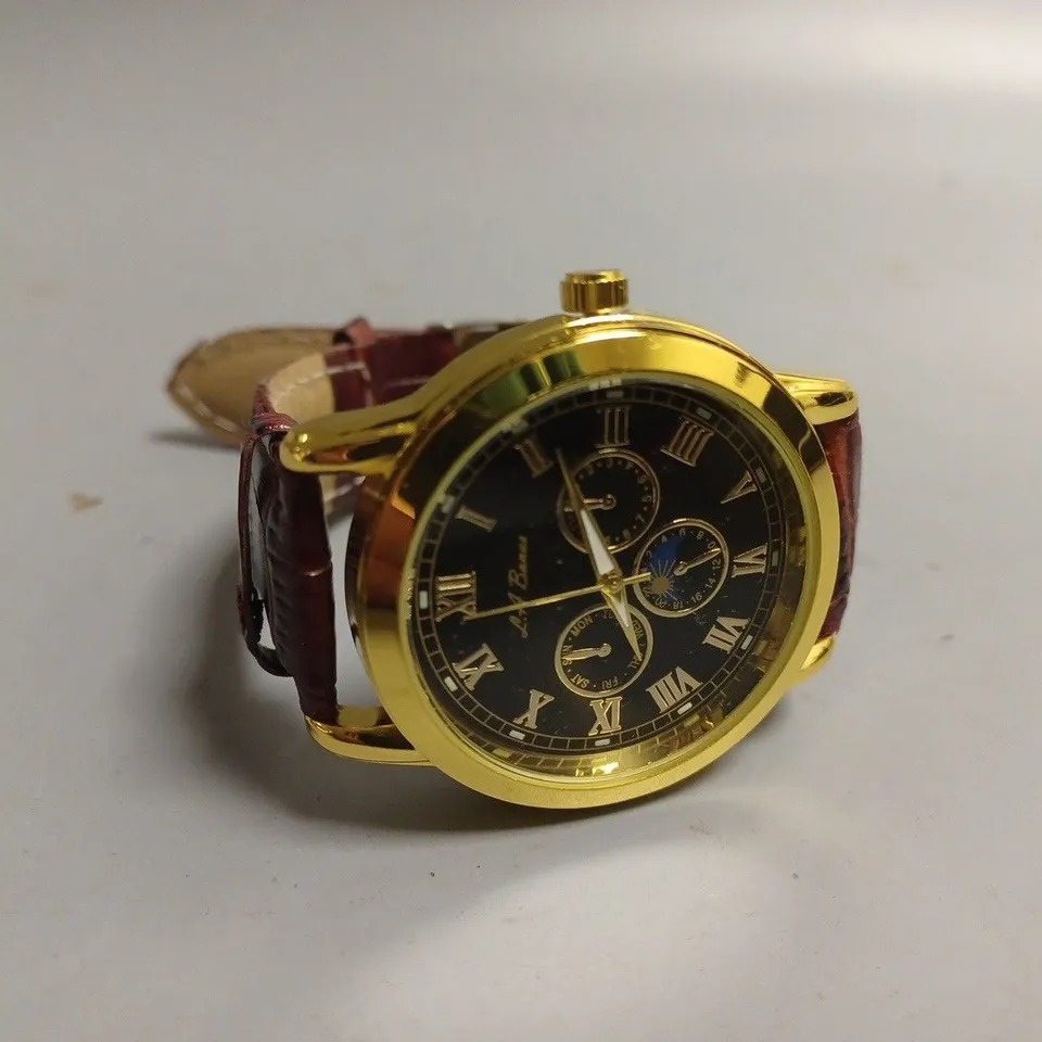 MENS LA BANUS WATCH – GOLD COLOUR CASE – LEATHER STRAP – GIFT BOX