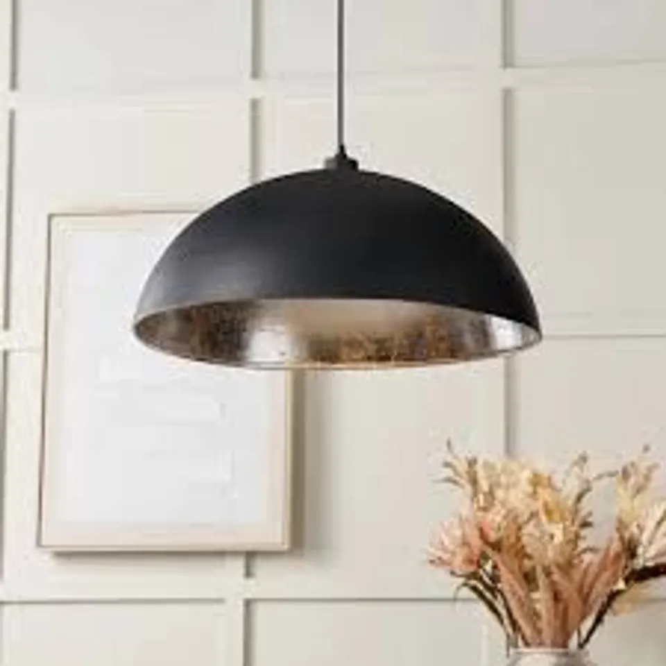 BOXED ANDERS MATT BLACK AND SILVER LEAF METAL DOME PENDANT