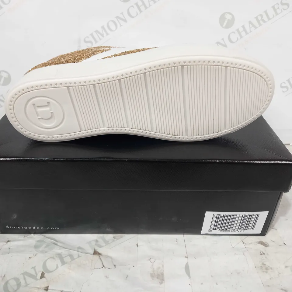 BOXED PAIR OF DUNE LONDON TRAINERS IN GOLD COLOUR W. GLITTER EFFECT UK SIZE 6