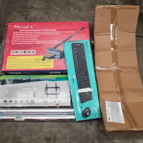PALLET CONTAINING ASSORTED PRODUCTS INCLUDING 13" PRO LAMINATE FLOOR CUTTER, TV WALL MOUNT, LOGITECH KEYBOARD COMBO SET, KIDS BALANCE BOARD & SELF-ADHESIVE VINYL FILM SHEETS