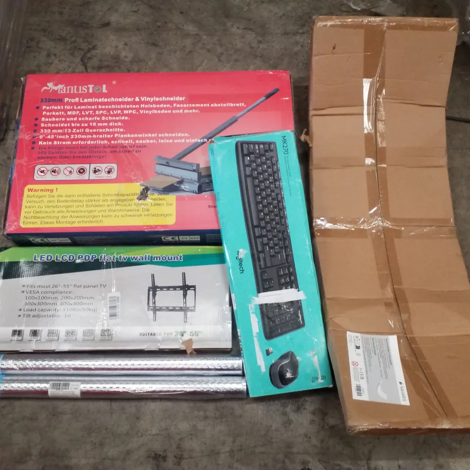 PALLET CONTAINING ASSORTED PRODUCTS INCLUDING 13" PRO LAMINATE FLOOR CUTTER, TV WALL MOUNT, LOGITECH KEYBOARD COMBO SET, KIDS BALANCE BOARD & SELF-ADHESIVE VINYL FILM SHEETS