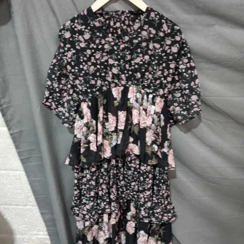 ROMAN FLORAL MIDI DRESS – WOMEN'S UK SIZE 12, BLACK WITH PINK FLOWERS
