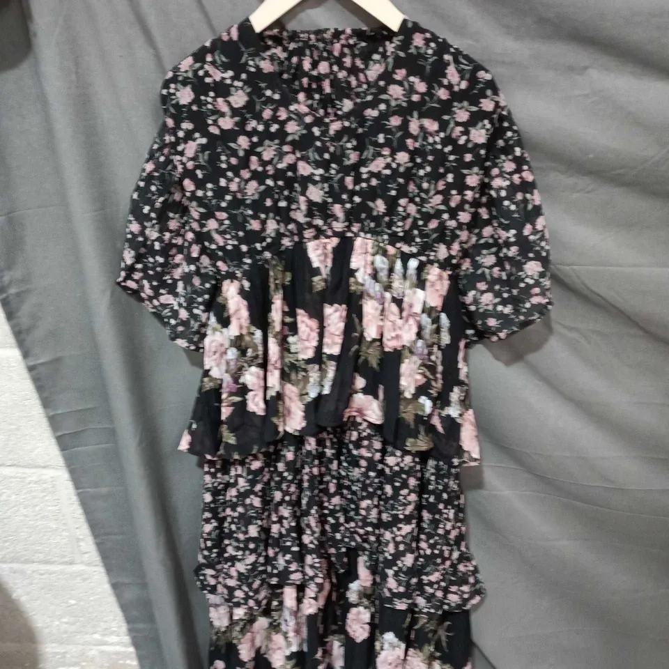 ROMAN FLORAL MIDI DRESS – WOMEN'S UK SIZE 12, BLACK WITH PINK FLOWERS