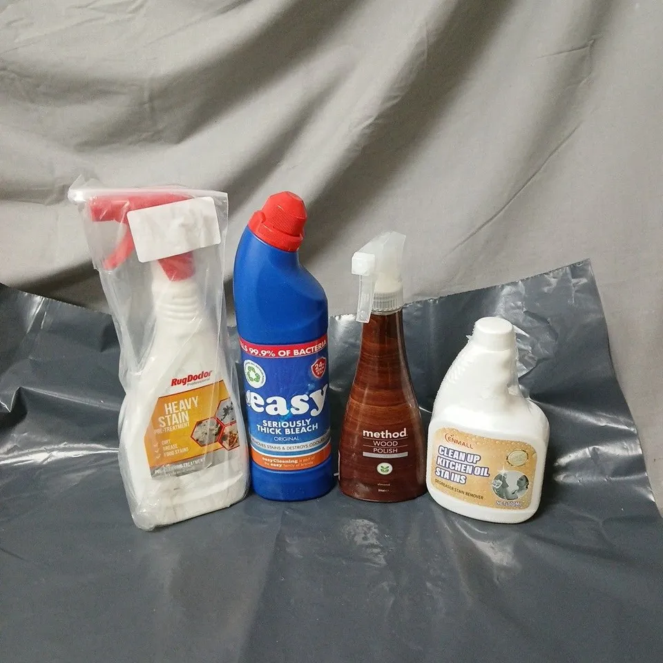 APPROXIMATELY 15 ASSORTED HOUSEHOLD ITEMS TO INCLUDE BLEACH, RUG DOCTOR, METHOD WOOD POLISH, CLEAN UP KITCHEN OIL ETC
