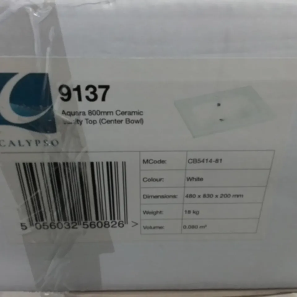 BOXED CALYPSO AQUARA 800MM CERAMIC VANITY TOP CENTER BOWL IN WHITE - 480X830X200MM