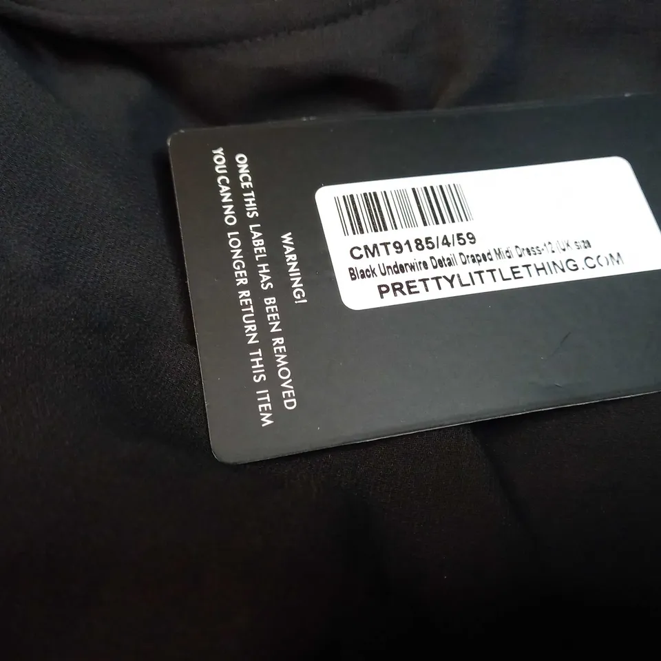 PRETTYLITTLETHINGS BLACK UNDERWIRE DETAIL DRAPED MIDI DRESS - SIZE 12